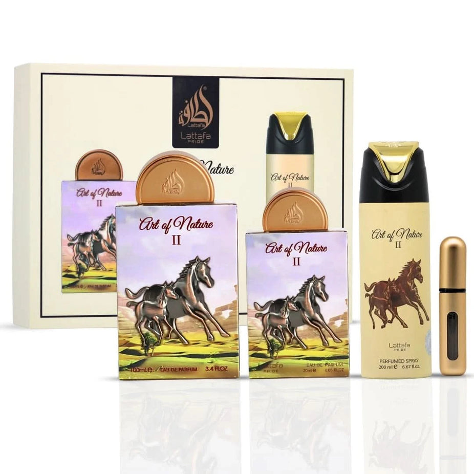 Lattafa Pride Art of Nature II 3-piece perfume gift set with elegant bottles and packaging, ideal for gifting or personal use.