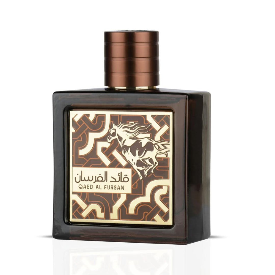 Qaed Al Fursan Untamed Eau de Parfum spray by Lattafa, 90ml bottle with elegant packaging and perfume cap.