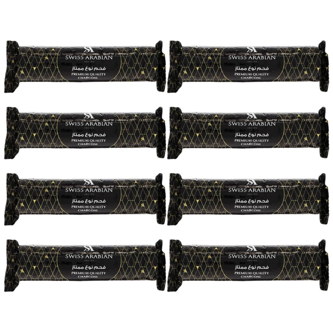 Swiss Arabian Premium Quality Charcoal tablets, 80 count, stacked with round black charcoal pieces for incense or hookah use.