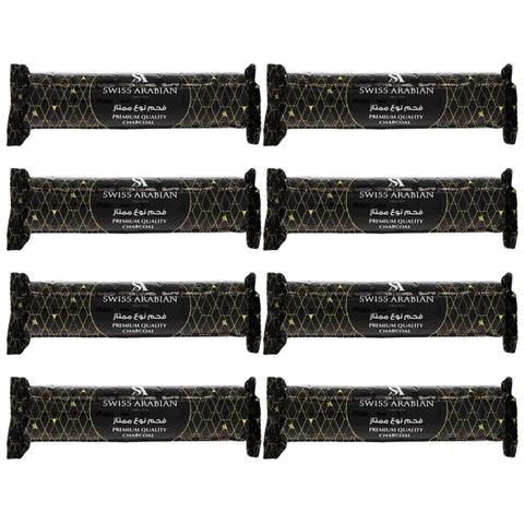 Swiss Arabian Premium Quality Charcoal tablets, 80 count, stacked with round black charcoal pieces for incense or hookah use.