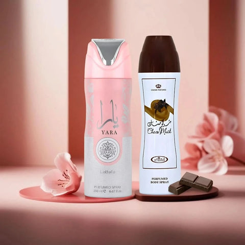 Bundle of two perfumed body sprays featuring Yara by Lattafa and Choco Musk by Al Rehab, each in 200ml bottles.