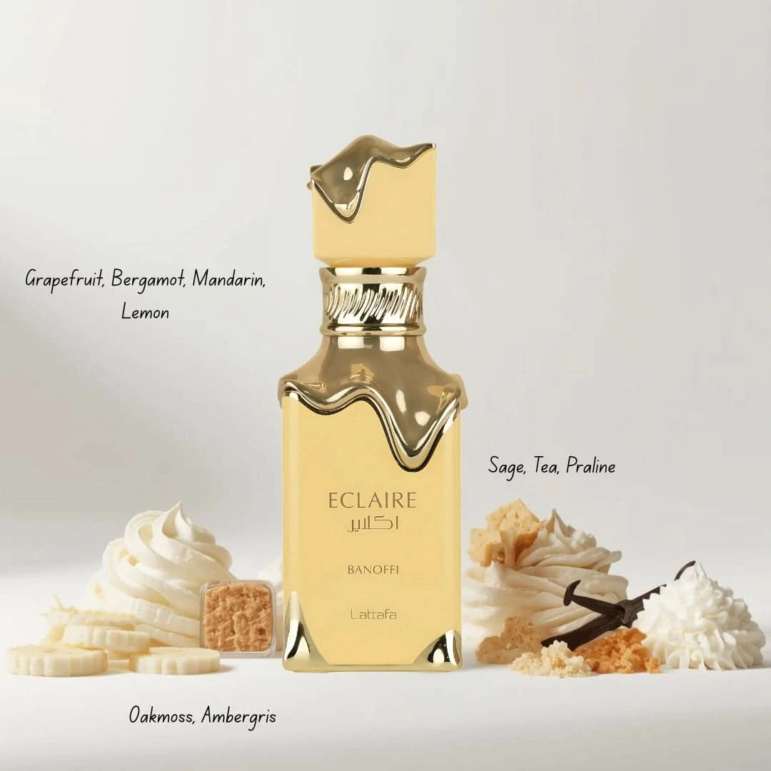 Eclaire Banoffi Eau de Parfum spray by Lattafa, 100ml, with a velvet pouch, featuring elegant fragrance bottle design.