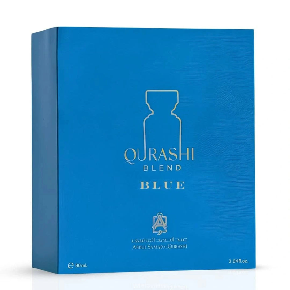 Al Qurashi Blend Blue Eau de Parfum spray by ASQ, 90ml, featuring a sleek blue bottle and elegant fragrance design.