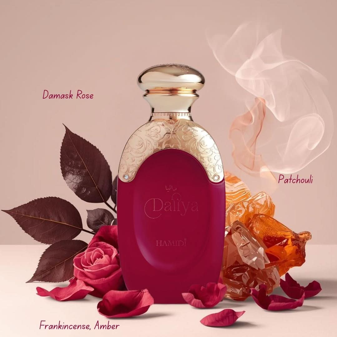 Hamidi Daliya Eau de Parfum spray 100ml bottle with elegant packaging and floral design, showcasing the luxury fragrance.