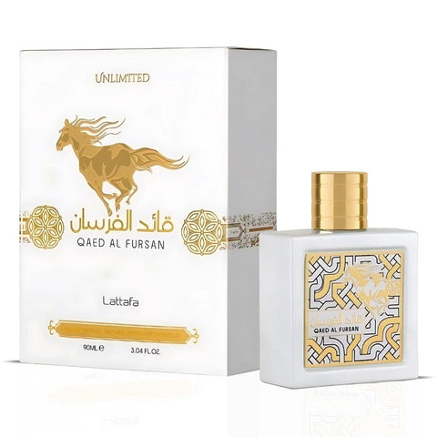 Qaed Al Fursan collection by Lattafa, featuring Eau de Parfum sprays in 90ml bottles, including Unlimited and Untamed fragrances.