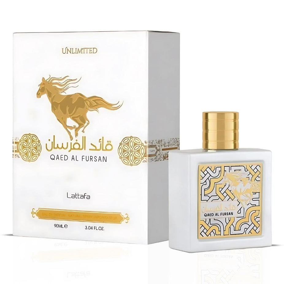 Qaed Al Fursan perfume collection by Lattafa featuring Eau de Parfum sprays in 90ml bottles, including Unlimited and Untamed scents.