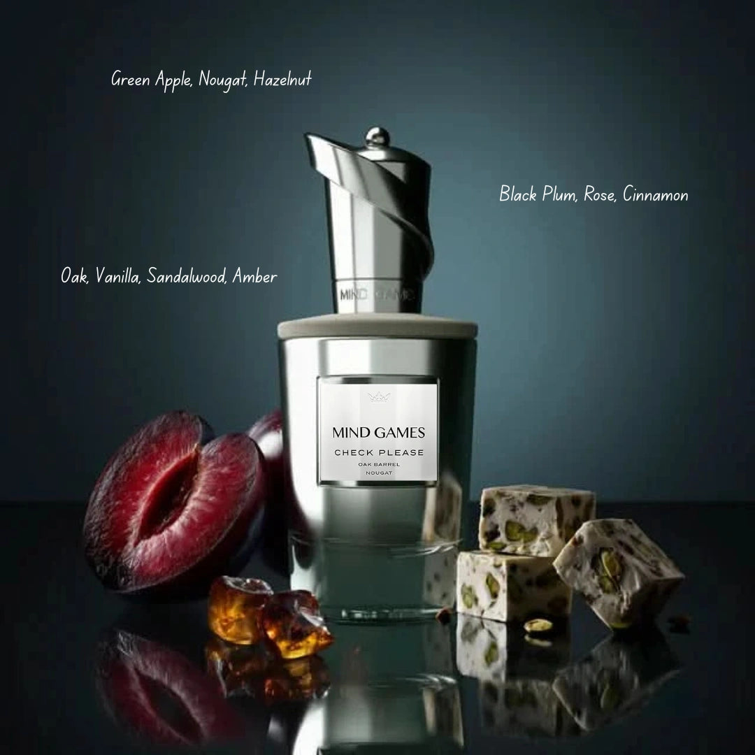 Check Please Extrait de Parfum 100ml by Mind Games, elegant EDP bottle with a sleek design and luxurious fragrance.