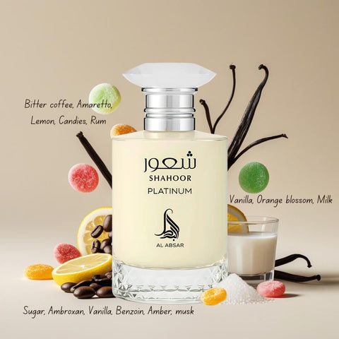 Shahoor Platinum Eau de Parfum Spray 100ml (3.4 oz) by Al Absar (Velvet Pouch)