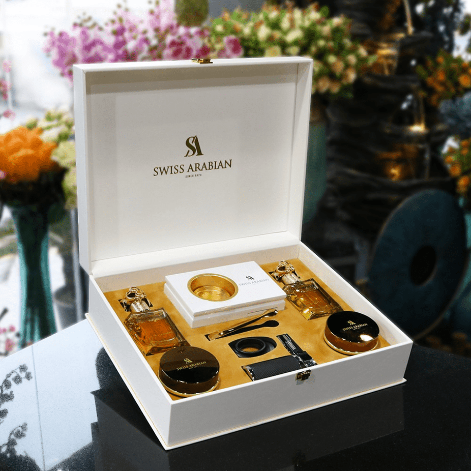 Swiss Arabian Bakhoor Gift Set from the Exclusive Collection with elegant packaging and multiple fragrant bakhoor pieces.