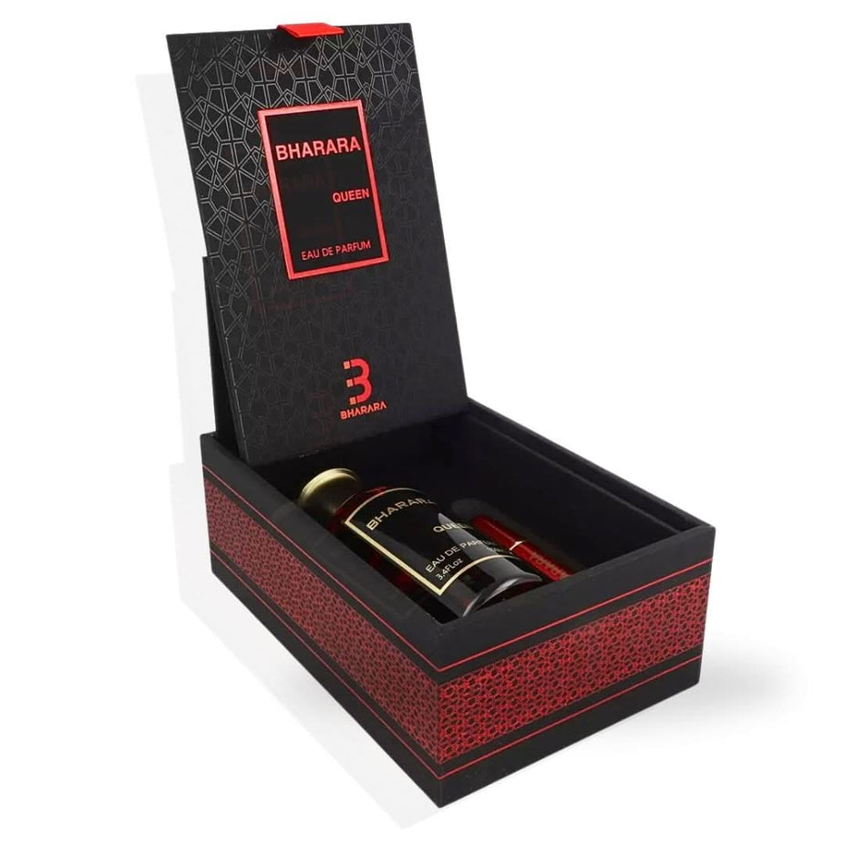 Bharara Queen Eau de Parfum spray bottle, 100ml, with elegant packaging, showcasing the Bharara brand fragrance.