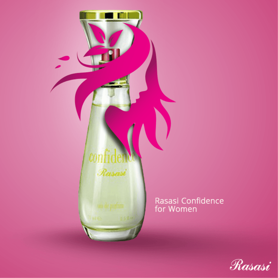 Rasasi Confidence for Women Eau De Parfum 75ml bottle, elegant fragrance bottle with floral and fruity scent notes.