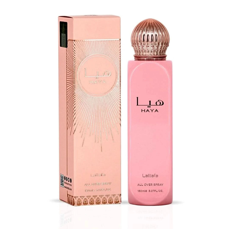 Lattafa Haya All Over Spray 150ml bottle, featuring elegant packaging and spray nozzle, designed for versatile use.