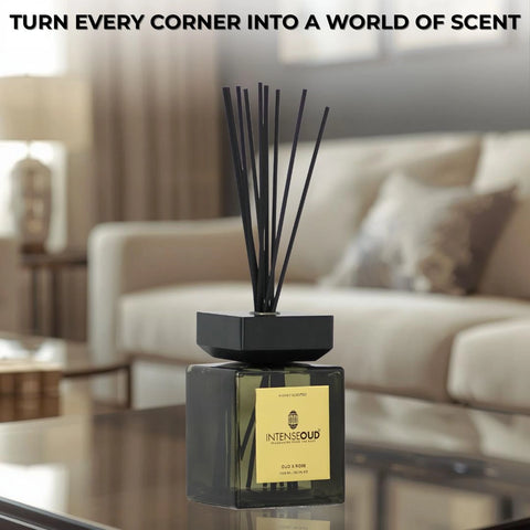 INTENSE OUD Reed Diffuser, Oud Rose – 1000ml (35.1 oz) – Fragrance for Up to 90 Days – Reusable, Refillable Glass Holder, Includes 6 All-Natural Reed Sticks