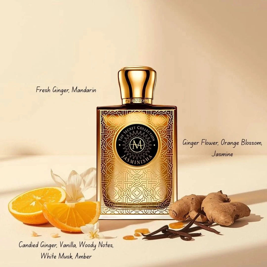 Moresque Jasminisha Eau de Parfum spray 75ml with elegant bottle design, showcasing the luxurious fragrance and floral details.