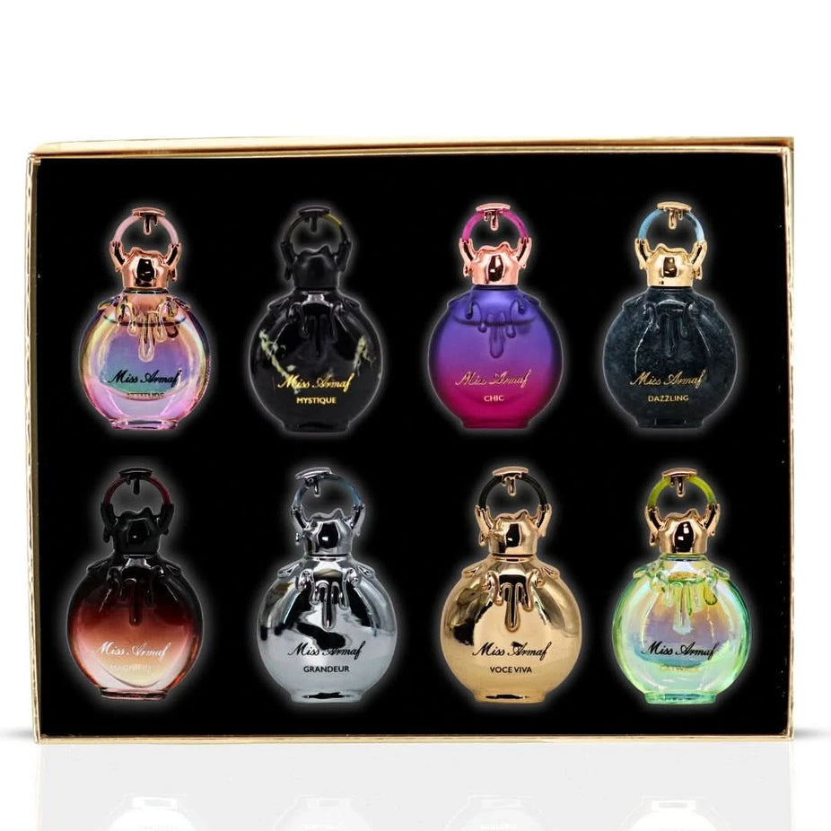 Armaf Miss Armaf Parfum Discovery Set with eight 5ml Eau de Parfum bottles in a gift set display.