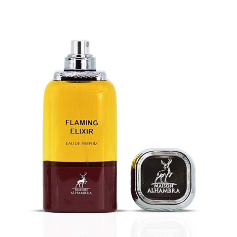 Maison Alhambra Flaming Elixir Eau de Parfum spray 80ml bottle, elegant design with a fiery, vibrant fragrance theme.