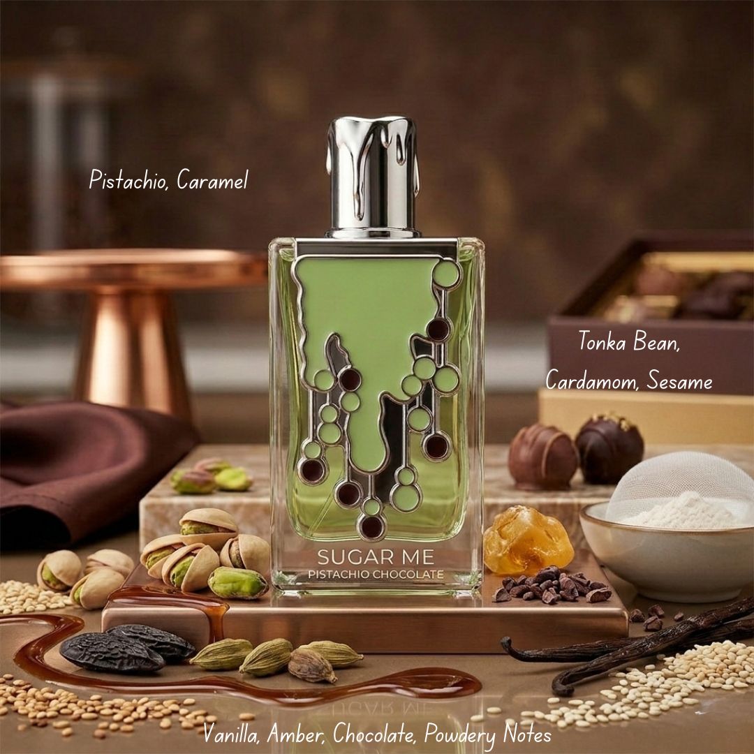 Maison Alhambra Sugar Me Pistachio Chocolate Eau de Parfum spray 100ml bottle with elegant packaging and floral accents.