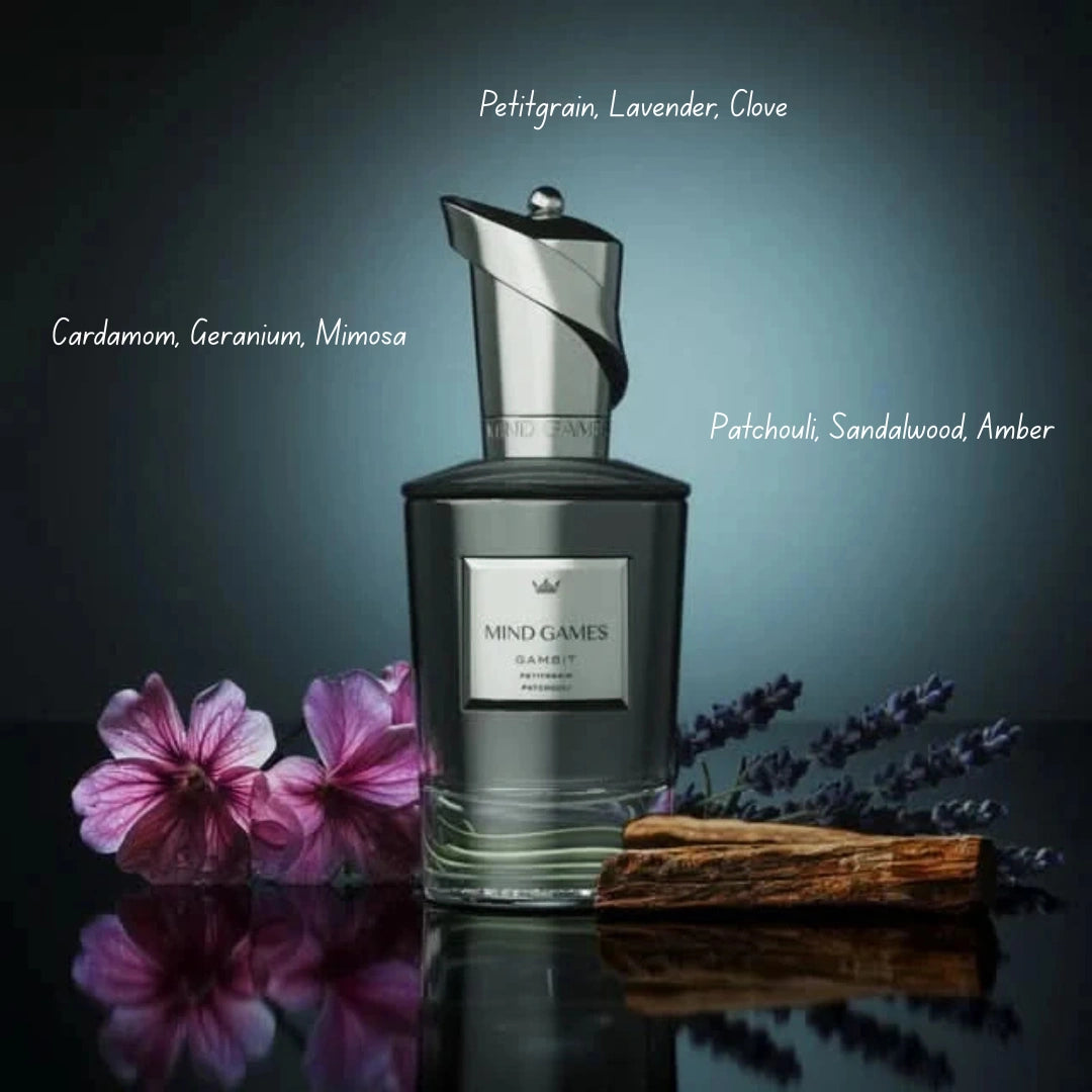 Gambit Extrait de Parfum 100ml by Mind Games, luxurious EDP bottle with elegant black and gold design.