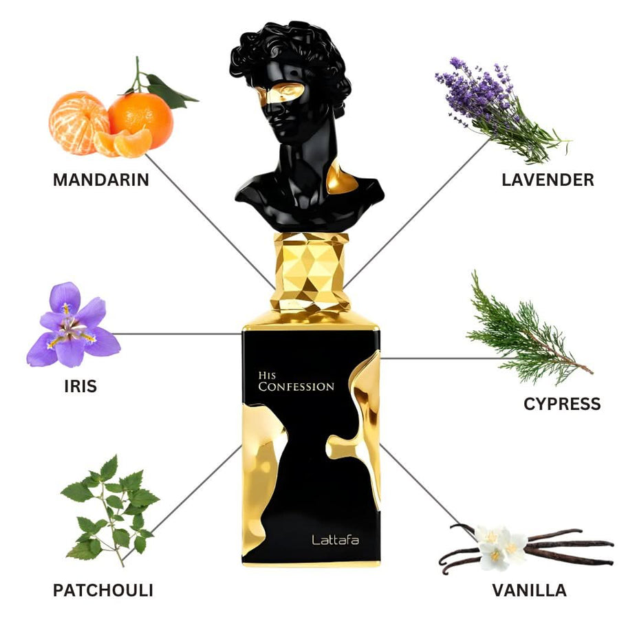 Lattafa His Confession Eau de Parfum spray 100ml bottle, elegant design with a black cap and clear glass showcasing the fragrance.
