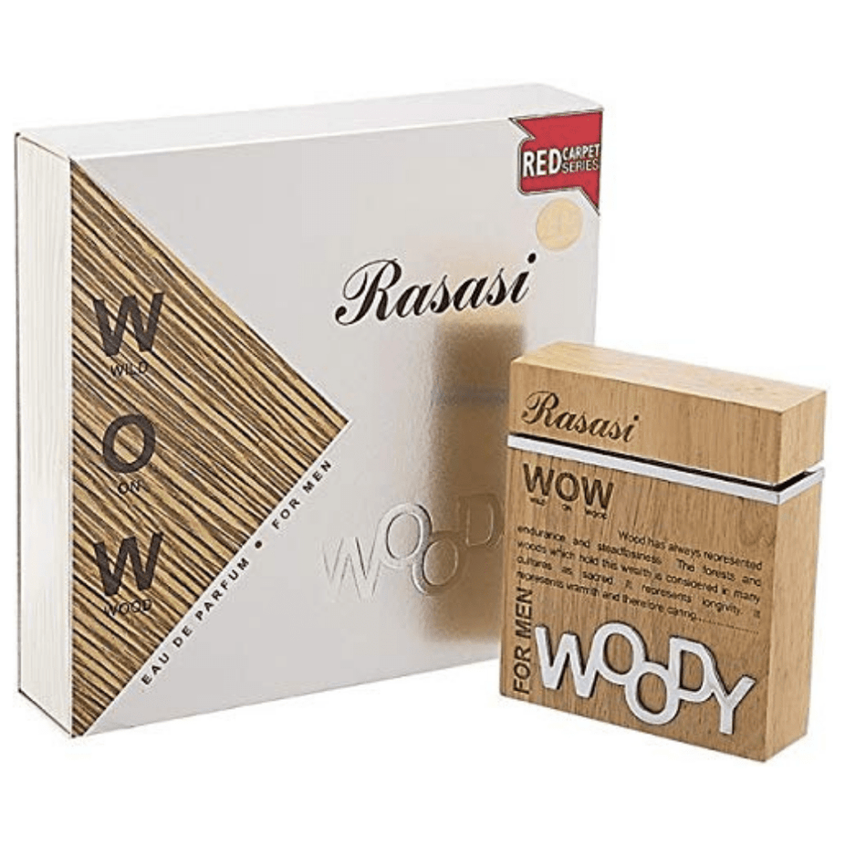 Woody for Men Rasasi Eau de Parfum 60ml bottle with sleek black and gold design, showcasing the men's fragrance container.