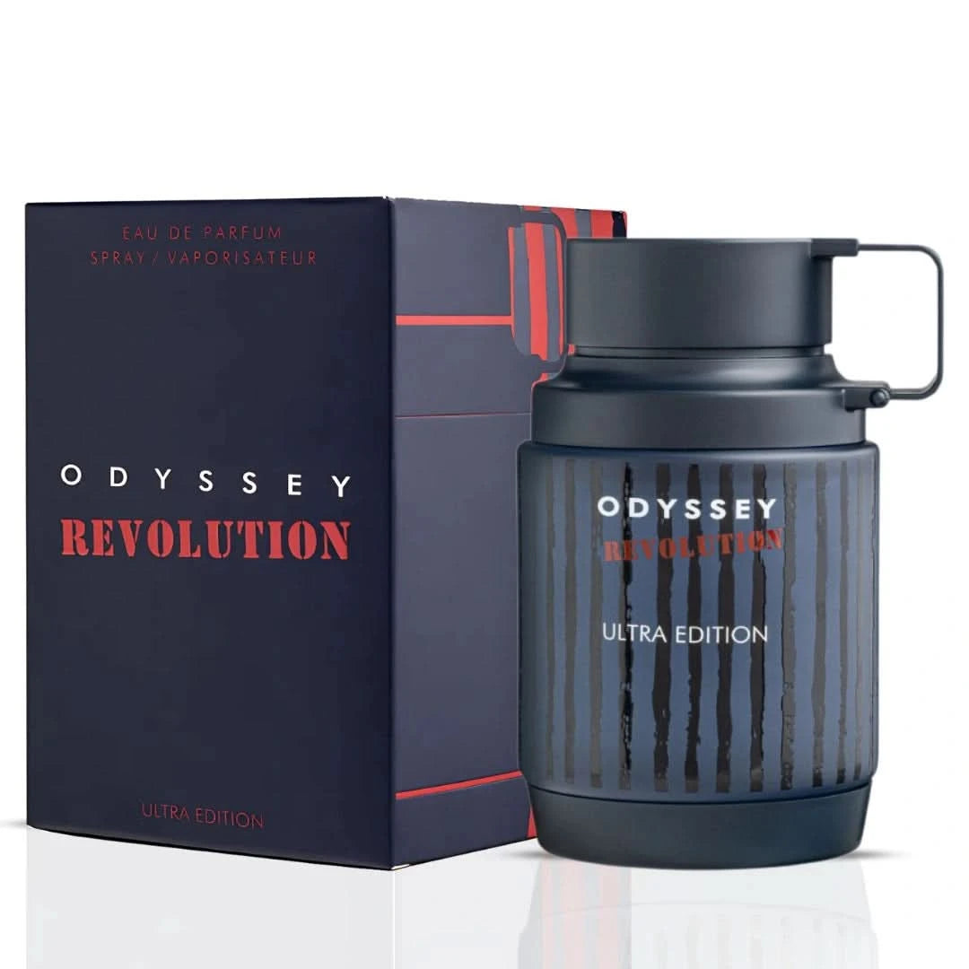 Odyssey Homme White and Odyssey Revolution Ultra Eau de Parfum sprays by Armaf, 100ml bundle, featuring sleek perfume bottle designs.