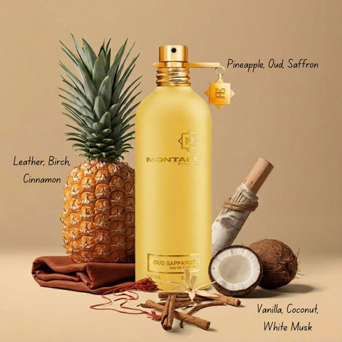 Montale Oud Sapparot Eau de Parfum spray 100ml display with elegant bottle and cap, showcasing luxurious fragrance packaging.