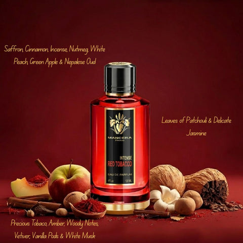 Red Tobacco Eau de Parfum spray by Mancera, 120ml bottle with elegant red packaging and a sleek black cap.