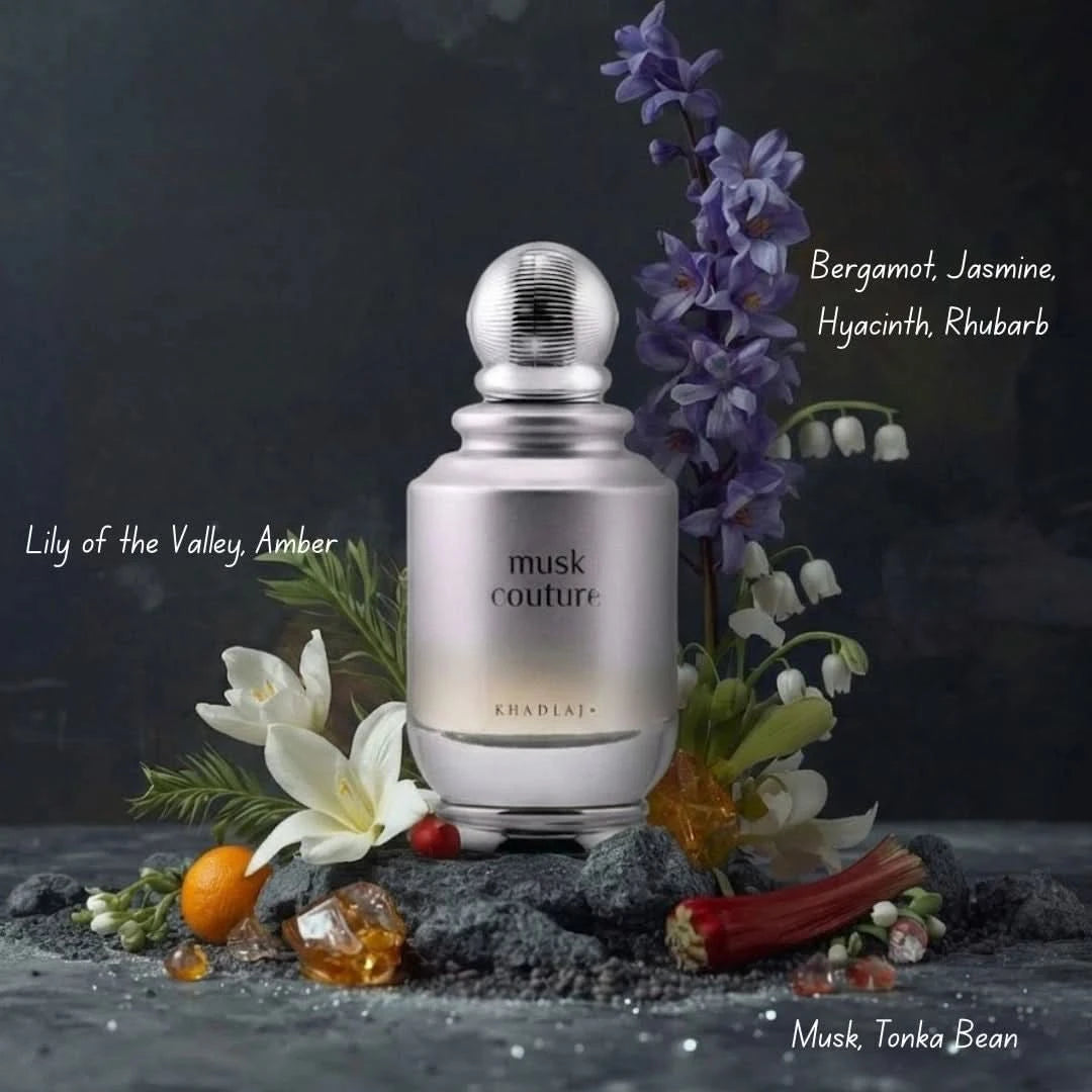 Khadlaj Musk Couture Eau de Parfum spray 100ml bottle with sleek design and elegant packaging.