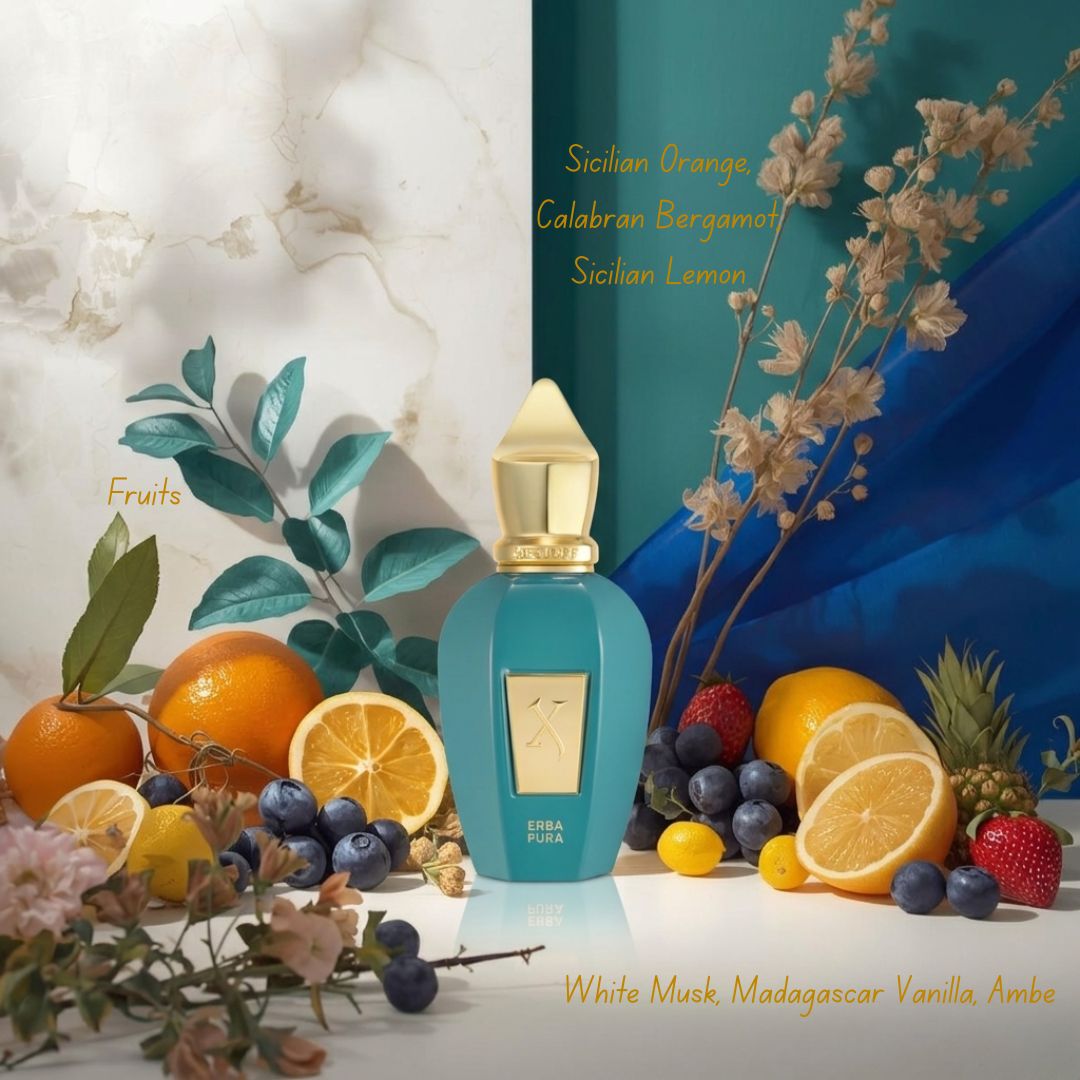 Xerjoff Erba Pura Eau de Parfum spray bottle, 50ml, with elegant design and clear glass showcasing the fragrance.