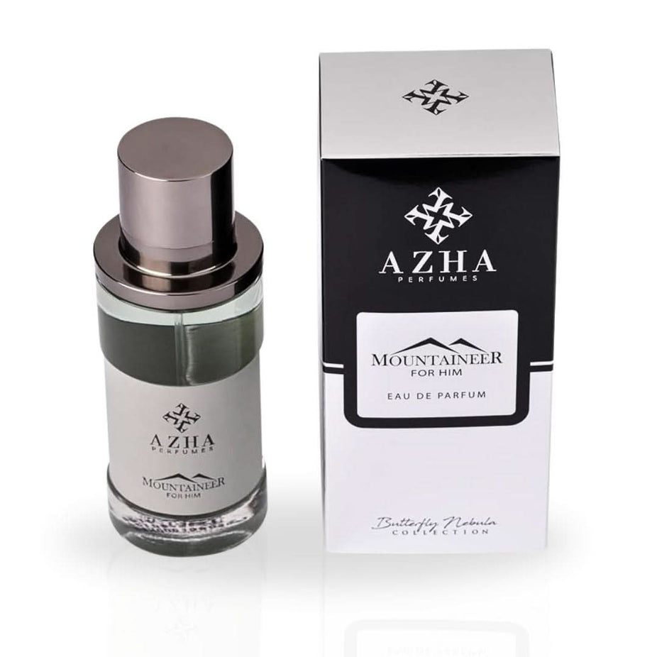 Azha Mountaineer For Him EDP Eau De Parfum 100ml spray bottle, showcasing the sleek fragrance bottle with masculine design.
