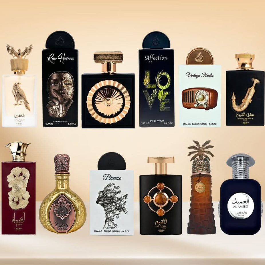 Lattafa Pride Collection Eau de Parfum sprays in 100ml bottles, featuring elegant packaging and diverse fragrances, pack of 12