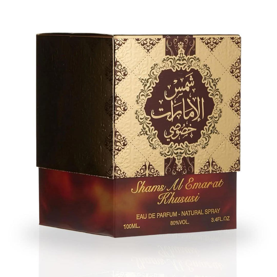 Shams Al Emarat Khususi Eau de Parfum spray by Ard Al Zaafaran, 100ml bottle with elegant packaging.