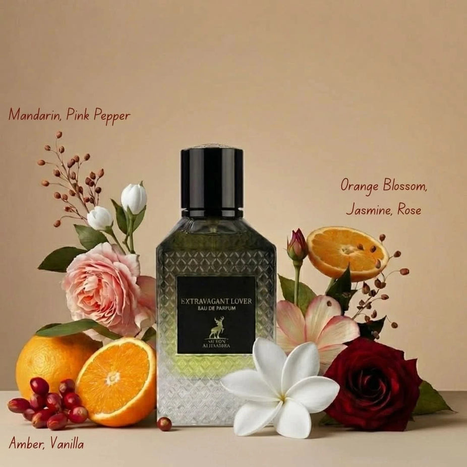 Maison Alhambra Extravagant Lover Eau de Parfum spray 100ml bottle, elegant design, showcasing the luxurious fragrance.