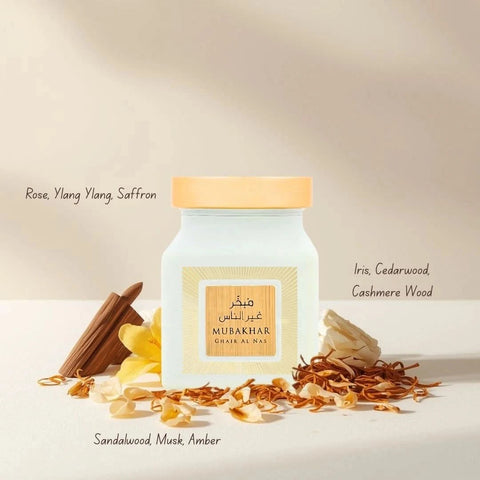 Rasasi Mubakhar Ghair Al Nas Oudh Moattar, 50g, traditional bakhoor with fragrant oudh scent in a decorative container.