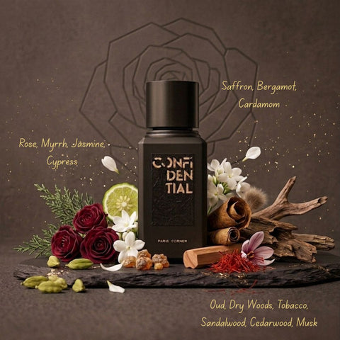 Confidential Eau de Parfum Spray by Paris Corner in 100ml bottle, featuring elegant packaging and a luxurious fragrance.