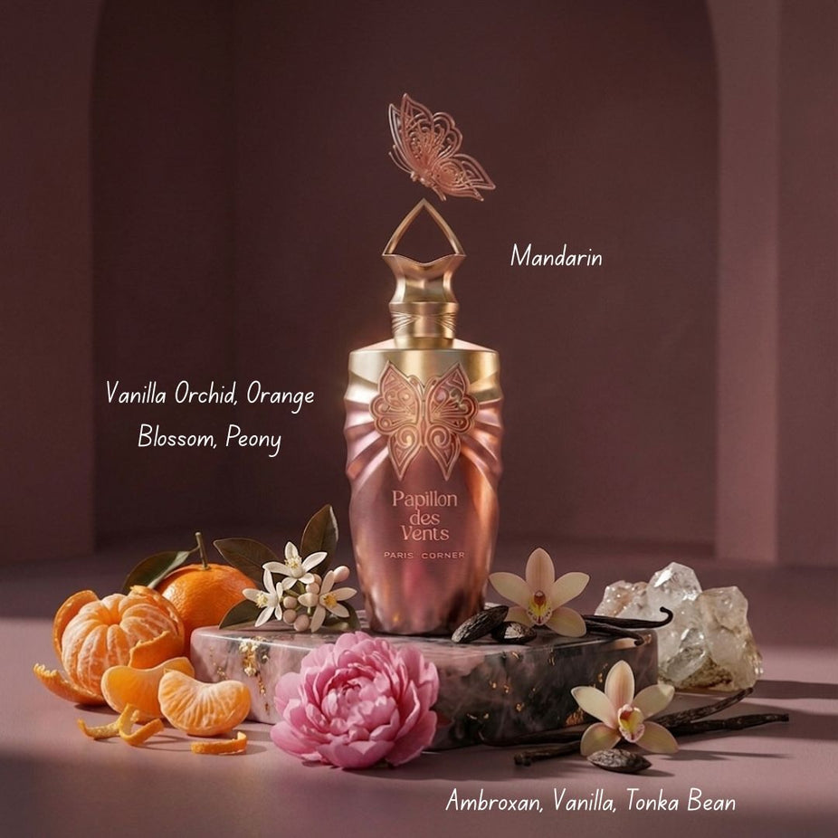 Paris Corner Papillon des Vents Eau de Parfum spray 100ml bottle with elegant design and floral accents.