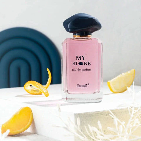 Surrati My Stone Eau de Parfum Spray 115ml with velvet pouch, showcasing the elegant perfume bottle and packaging.