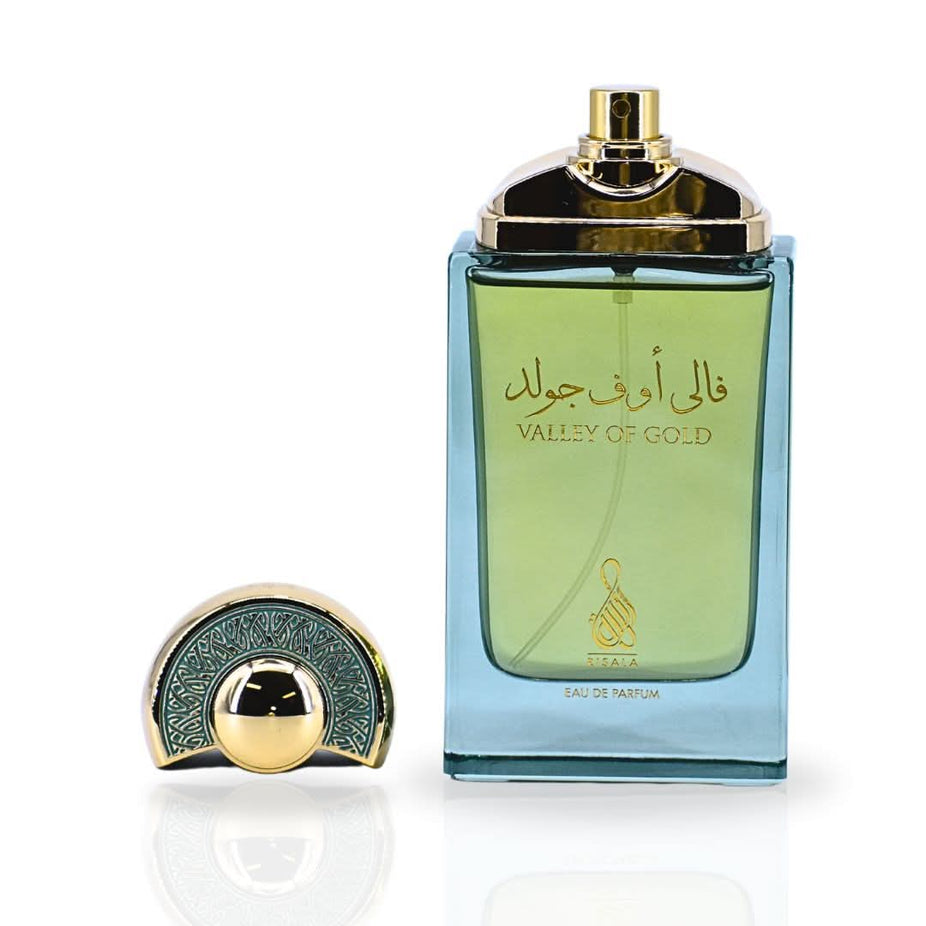 Valley of Gold Eau de Parfum spray by RISALA, 100ml bottle with elegant gold accents, showcasing luxurious fragrance packaging.