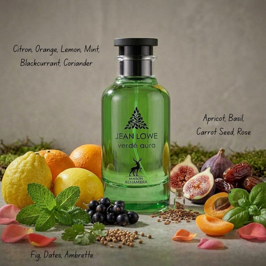 Maison Alhambra Jean Lowe Verde Aura Eau de Parfum spray bottle, 100ml, with sleek design and green accents.