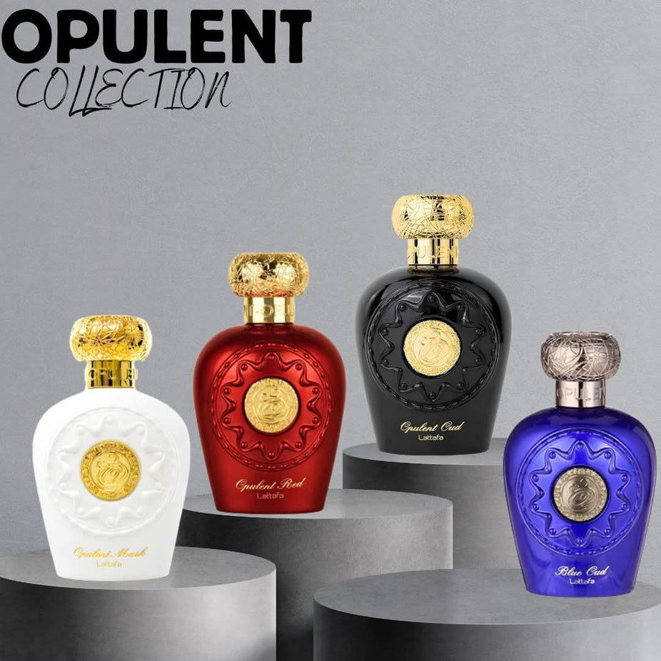 Lattafa Opulent Oud, Musk, and Red & Blue Oud Eau de Parfum sprays in 100ml bottles, featuring elegant packaging and luxurious design.