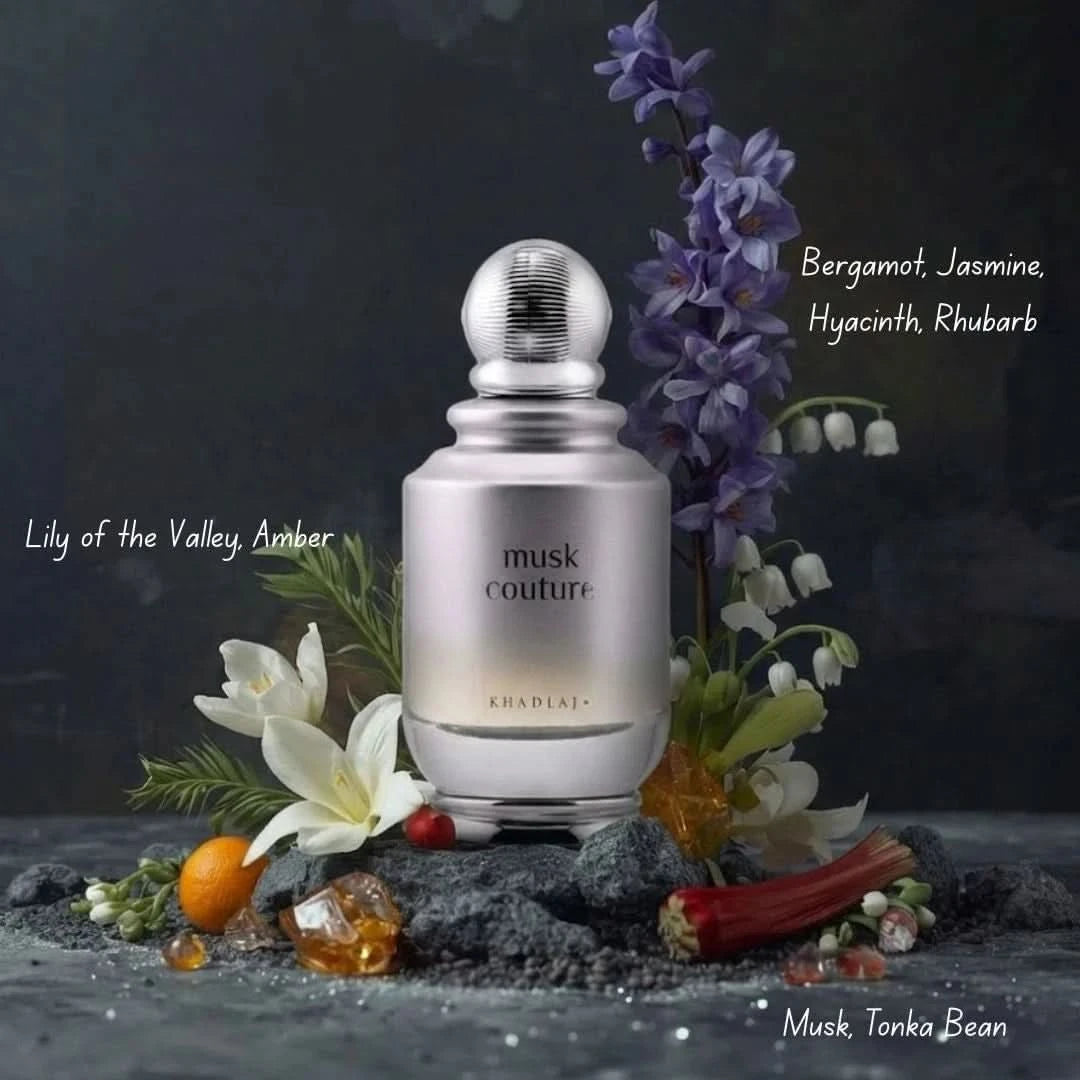 Khadlaj Musk Couture Eau de Parfum spray 100ml in velvet pouch, elegant bottle with luxurious design and floral accents.