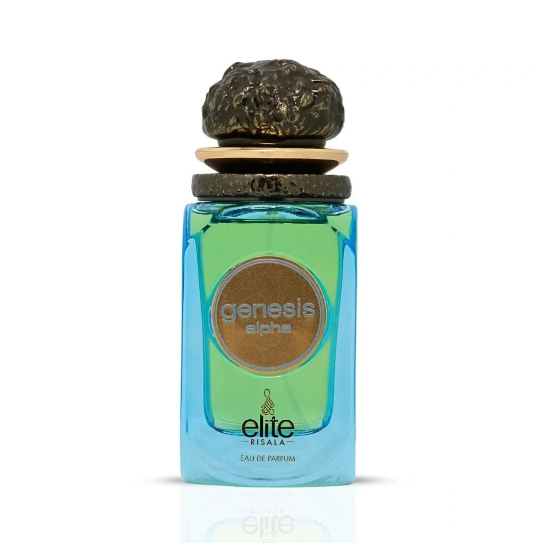 Elite Risala Genesis Alpha Eau de Parfum spray 100ml bottle with sleek design and perfume sprayer.
