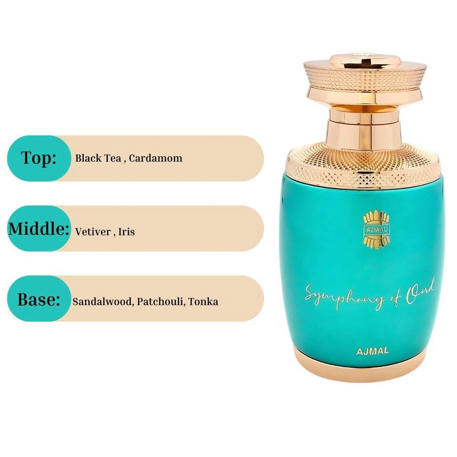 Ajmal Symphony of Oud EDP spray 75ML bottle, showcasing luxurious, long-lasting fragrance with elegant packaging design.