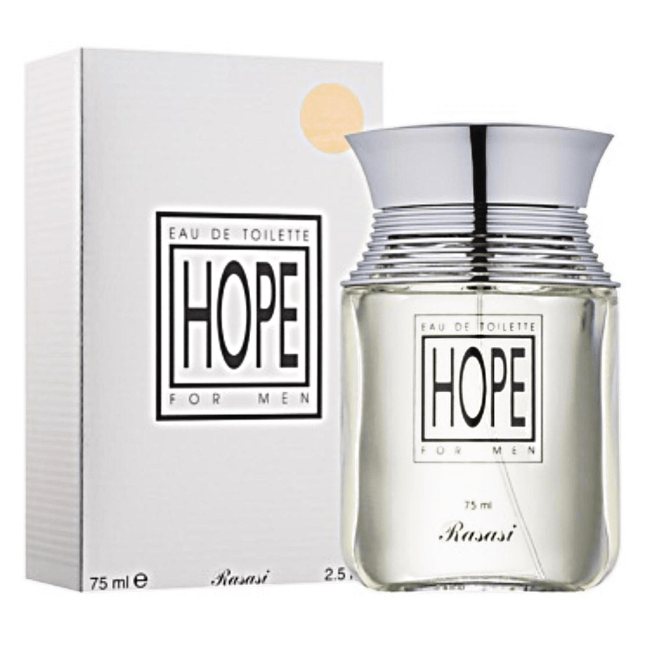 Hope EDP couple set by Rasasi, featuring 75ml men's and 50ml women's Eau De Parfum bottles with elegant packaging.