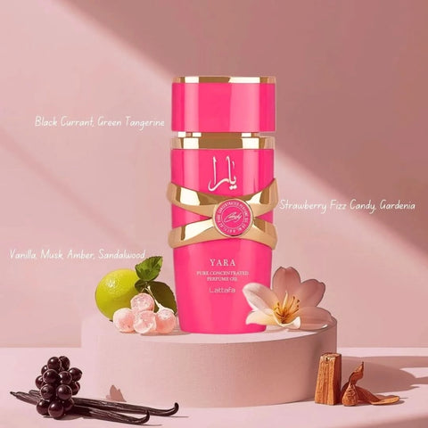 Lattafa Yara Candy Concentrated Perfume Oil 20ml bottle with gold cap and clear glass container, showcasing the fragrance packaging.