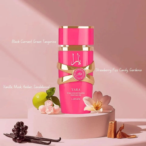 Lattafa Yara Candy Concentrated Perfume Oil in 20ml bottle with velvet pouch, displaying the elegant packaging and branding.