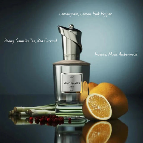 Vieri Extrait de Parfum 100ml by Mind Games, elegant glass bottle with metallic cap, showcasing the luxury fragrance packaging.