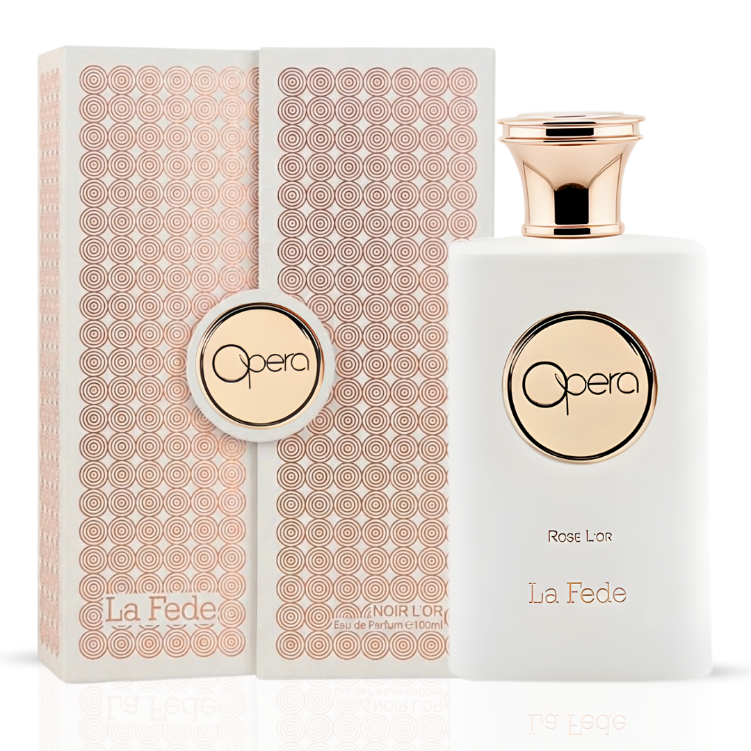 Khadlaj La Fede Opera Rose L'Or and Noir L'Or Eau de Parfum Spray bundle, 100ml each, featuring elegant fragrance bottles.