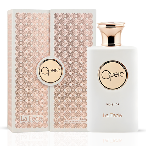 Khadlaj La Fede Opera Rose L'Or and Noir L'Or Eau de Parfum Spray bundle, 100ml each, featuring elegant fragrance bottles.