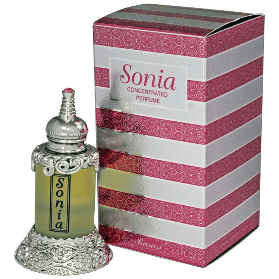 Rasasi Sonia Perfume Oil 15ml, concentrated fragrance in a small glass bottle with a silver cap, ideal for personal scent.